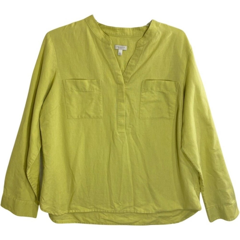 Talbots L Petite Top Henley Chartreuse Green Linen Blouse 3/4 Sleeve Lagenlook